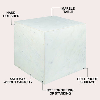 Felix Contemporary Solid Natural Marble Handmade Cube End Table, White