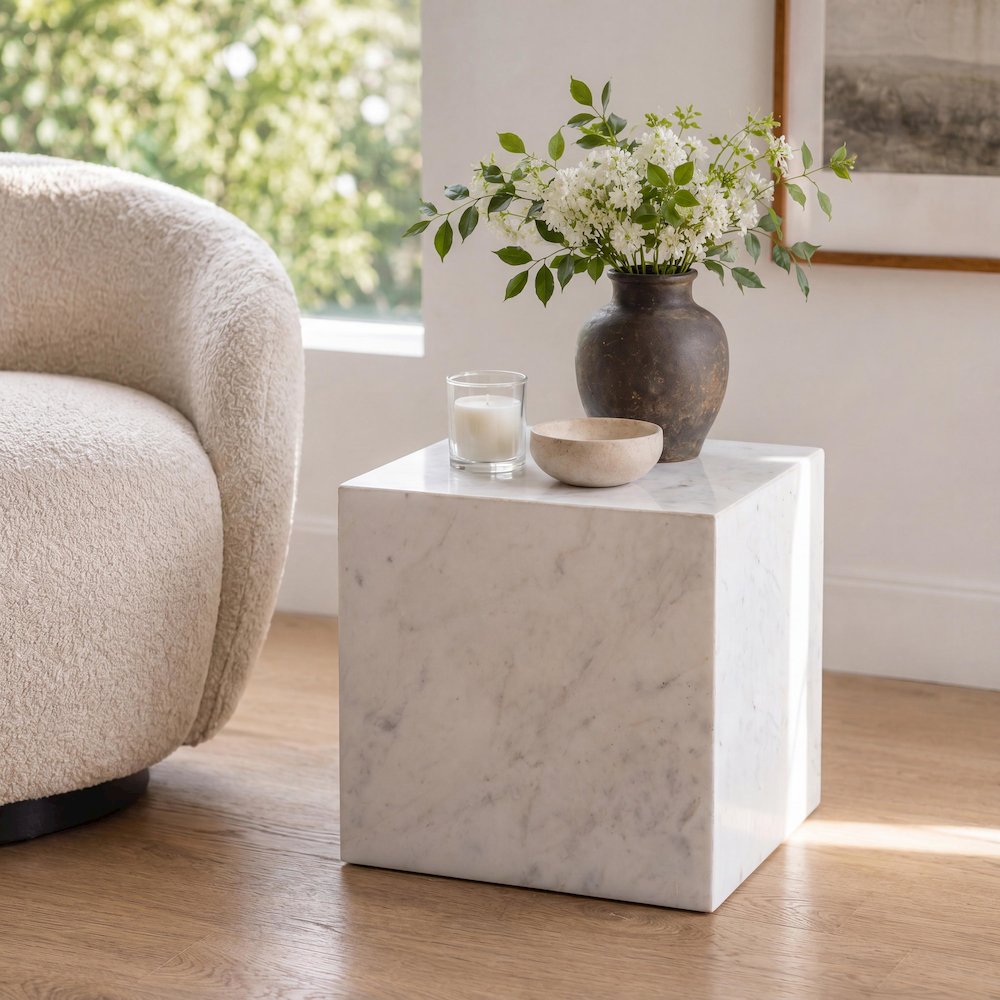 Felix Contemporary Solid Natural Marble Handmade Cube End Table, White