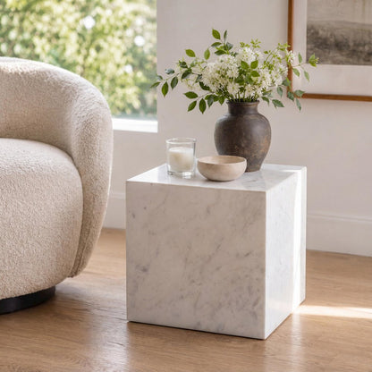Felix Contemporary Solid Natural Marble Handmade Cube End Table, White