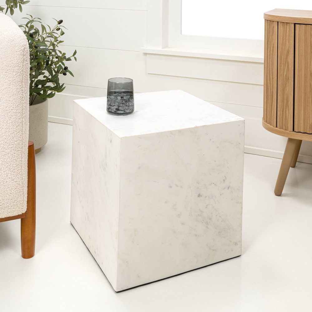 Felix Contemporary Solid Natural Marble Handmade Cube End Table, White