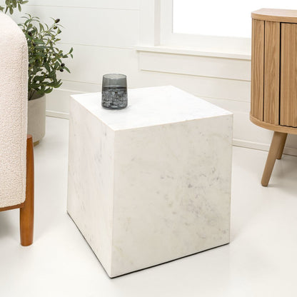 Felix Contemporary Solid Natural Marble Handmade Cube End Table, White