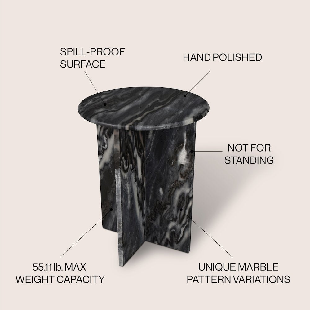 Javier Minimalist 17.75" Round Solid Black/Gray Marble End Table