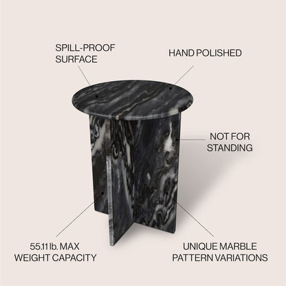 Javier Minimalist 17.75" Round Solid Black/Gray Marble End Table