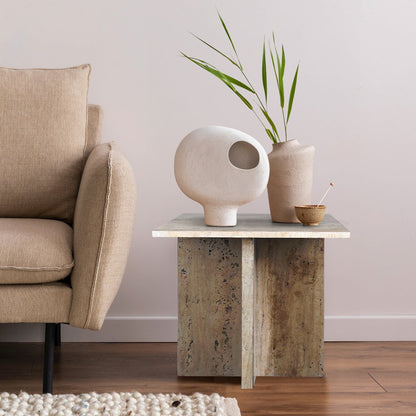 Cecil Modern 18.5" Square Natural Marble End Table with Cross Base