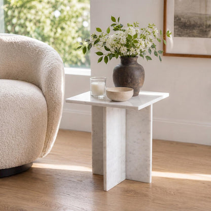 Cecil Contemporary Natural Marble Handmade T-Shaped End Table, White