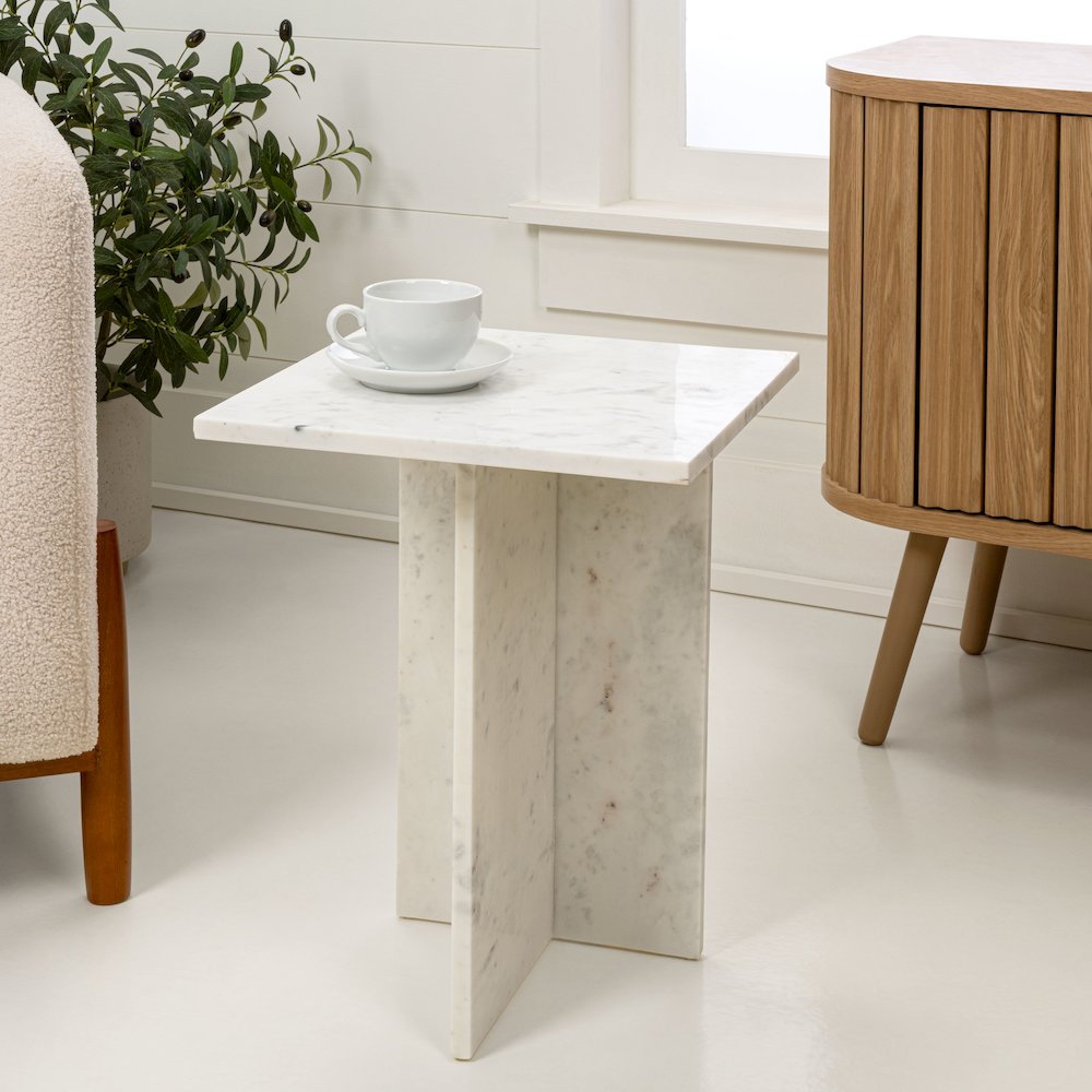 Cecil Contemporary Natural Marble Handmade T-Shaped End Table, White