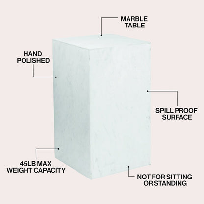 Felix Solid Marble Square Plinth Block Pedestal End Table, White