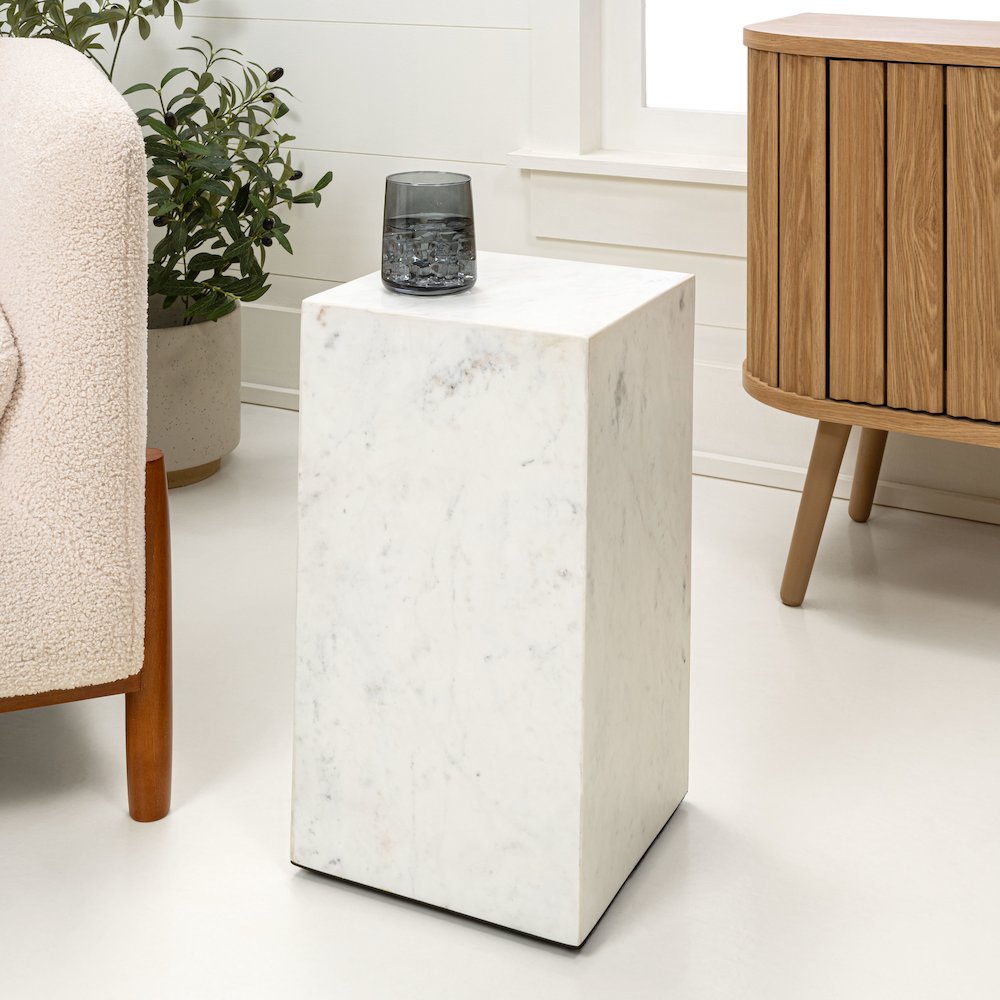 Felix Solid Marble Square Plinth Block Pedestal End Table, White