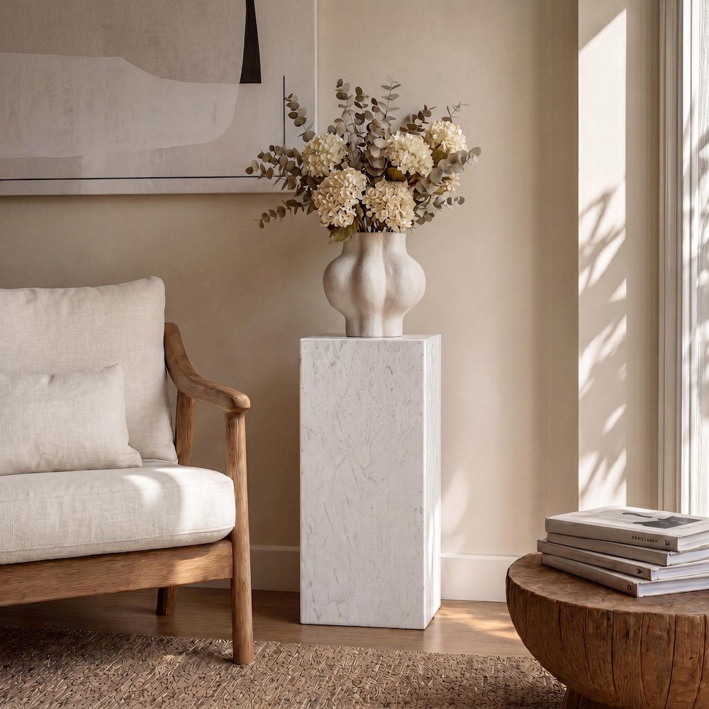 Felix Solid Marble Square Plinth Block Pedestal End Table, White