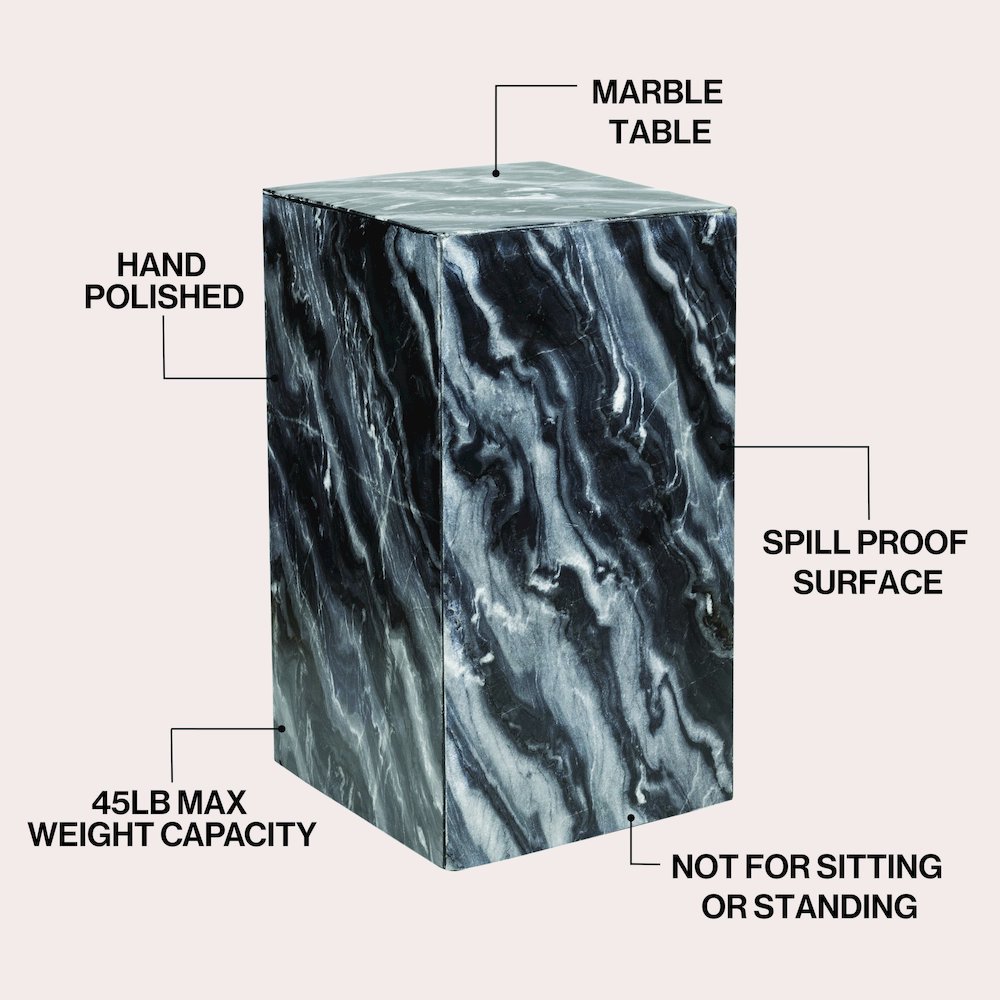 Felix Solid Marble Square Plinth Block Pedestal End Table, Black/Gray