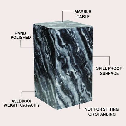 Felix Solid Marble Square Plinth Block Pedestal End Table, Black/Gray