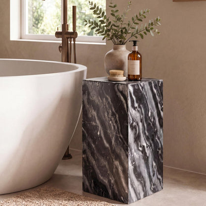 Felix Solid Marble Square Plinth Block Pedestal End Table, Black/Gray