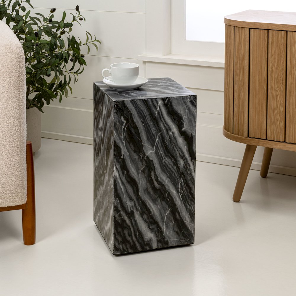 Felix Solid Marble Square Plinth Block Pedestal End Table, Black/Gray