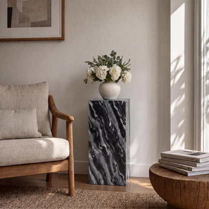 Felix Solid Marble Square Plinth Block Pedestal End Table, Black/Gray