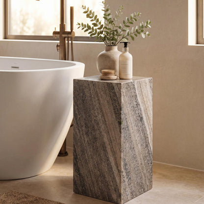 Felix Solid Marble Square Plinth Block Pedestal End Table, Gray/Beige