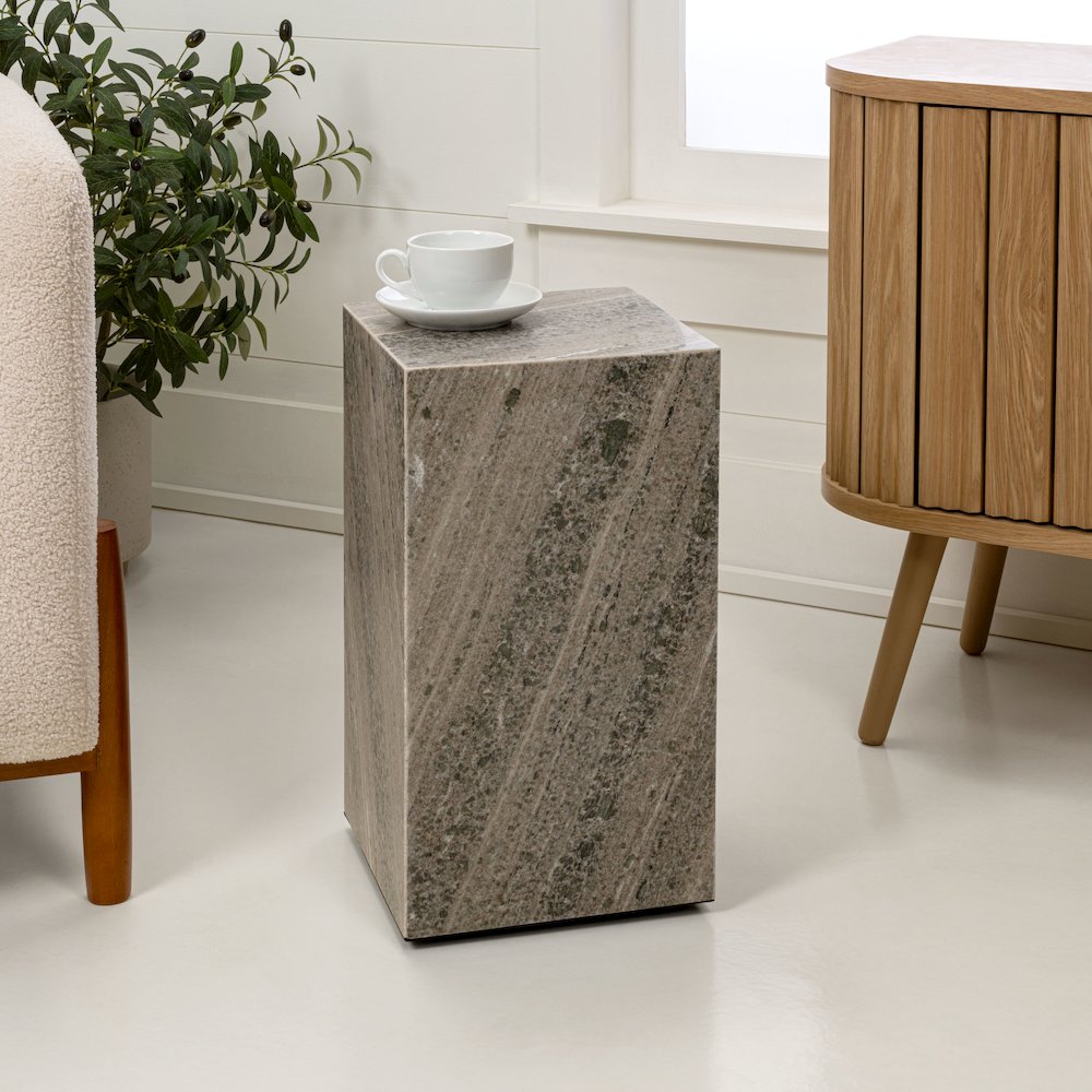 Felix Solid Marble Square Plinth Block Pedestal End Table, Gray/Beige