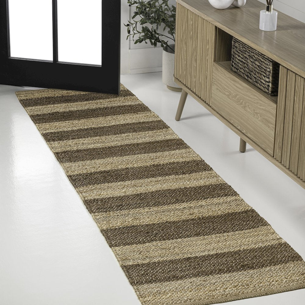 Jayden Farmhouse Woven Jute Stripe Natural/Brown 2 ft. x 10 ft. Runner Rug