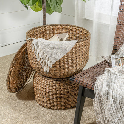 Bhola Hourglass Handwoven Hyacinth Storage Accent Table With Lid