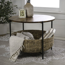 Round Acacia Wood/Water Hyacinth Coffee Table with Storage Basket, Natural/Black