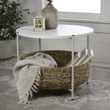 Round Acacia Wood/Water Hyacinth Coffee Table with Storage Basket, Natural/White