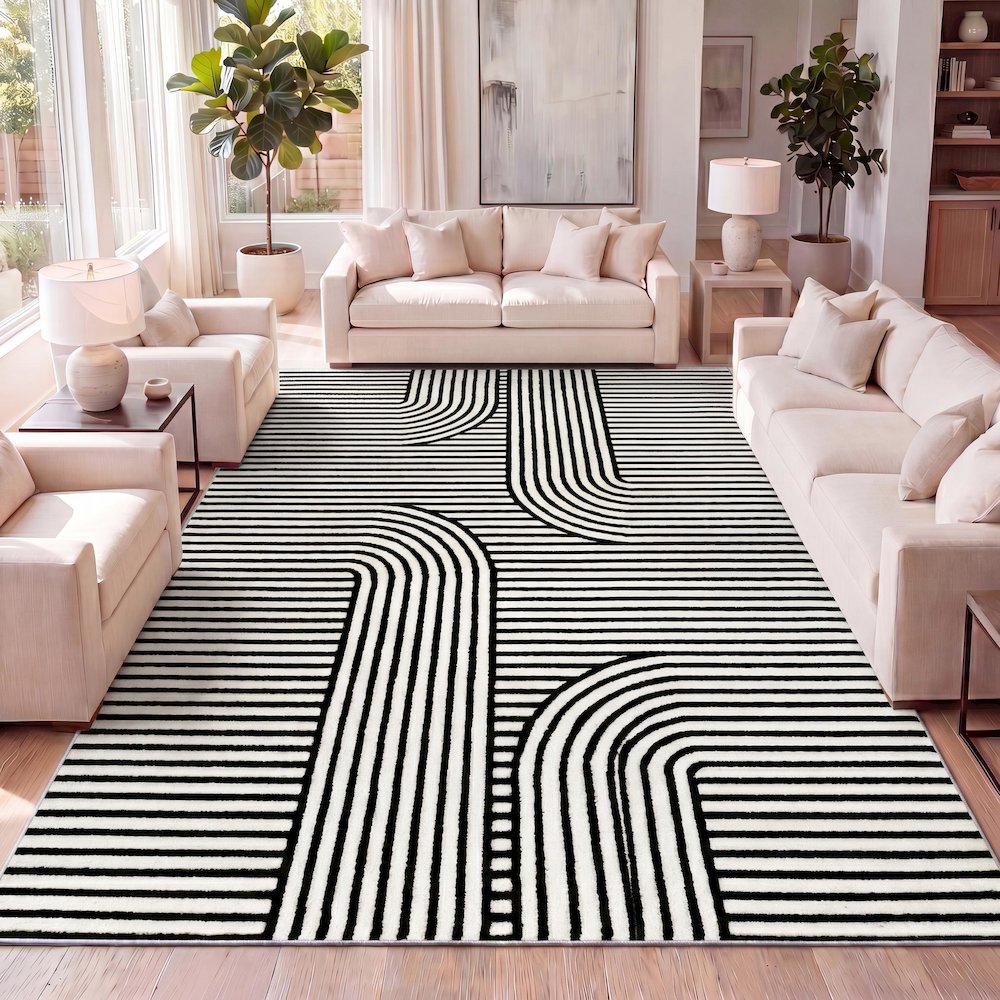 Anders MidCentury Modern Arch Stripe Two-Tone High-Low Black/White Area Rug
