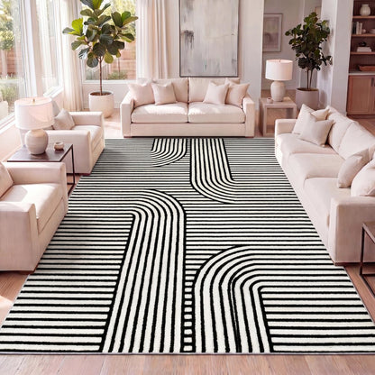 Anders MidCentury Modern Arch Stripe Two-Tone High-Low Black/White Area Rug