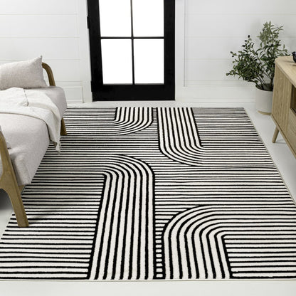Anders MidCentury Modern Arch Stripe Two-Tone High-Low Black/White Area Rug