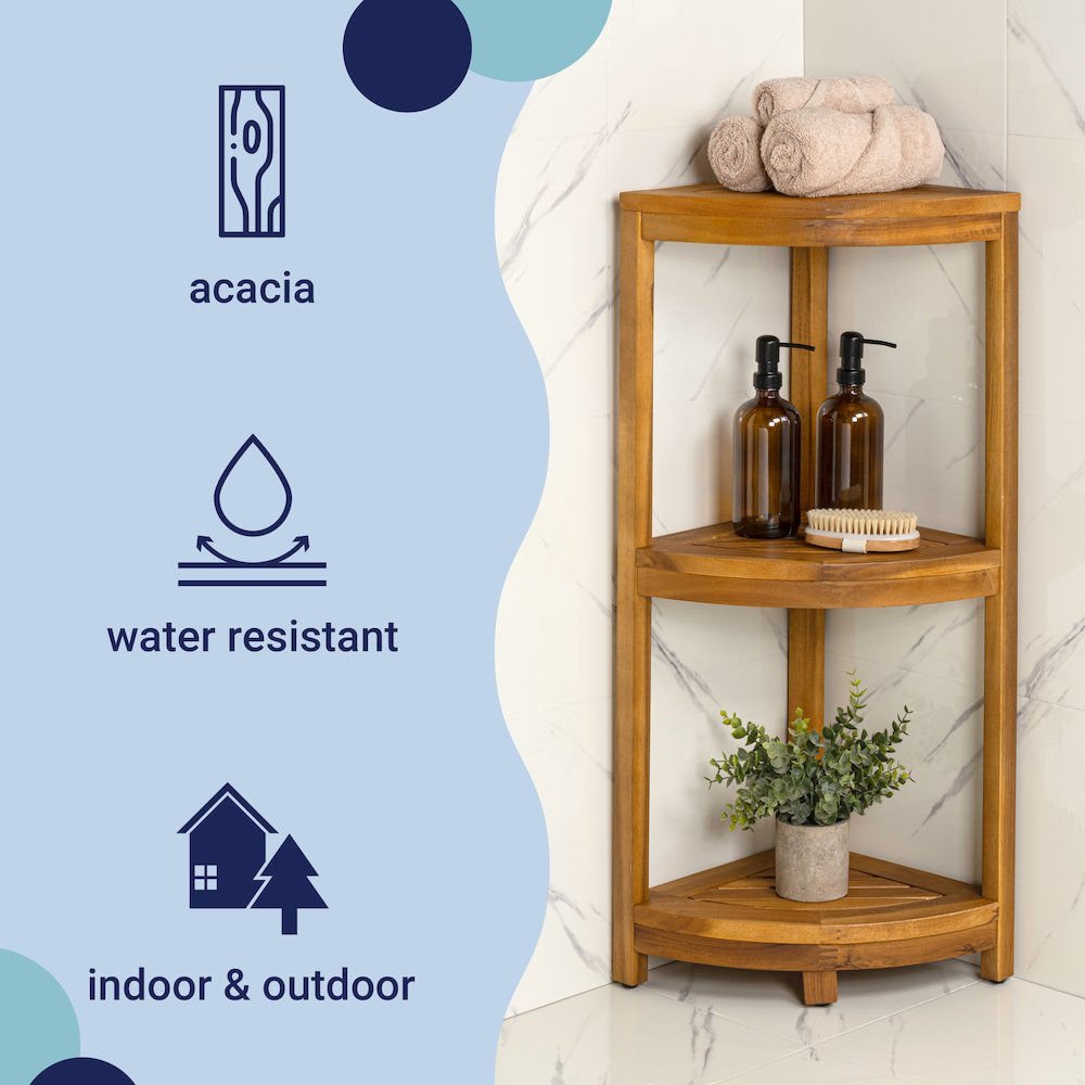 Sela 33" Classic Minimalist 3-Tier Freestanding Bathroom Corner Shelf, Natural