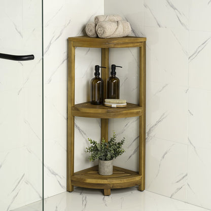 Sela 33" Classic Minimalist 3-Tier Freestanding Bathroom Corner Shelf, Natural