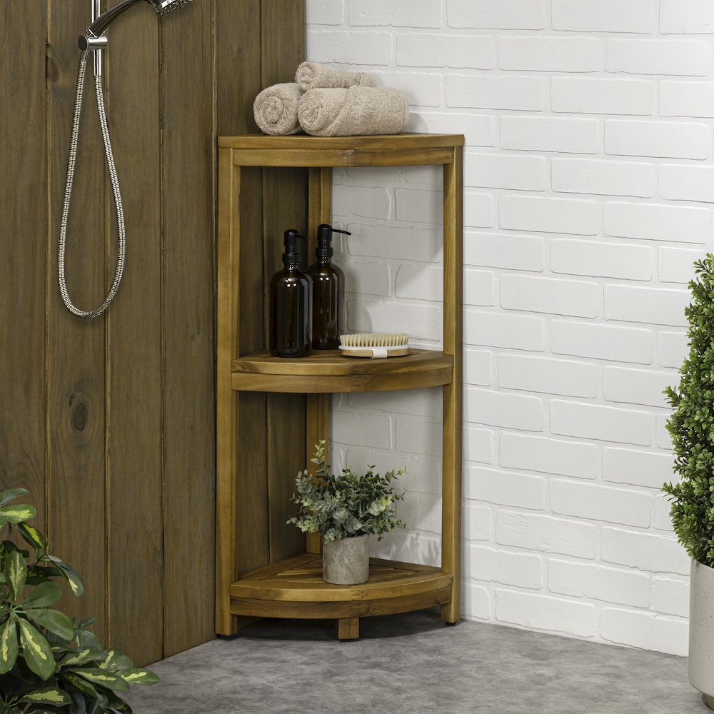 Sela 33" Classic Minimalist 3-Tier Freestanding Bathroom Corner Shelf, Natural