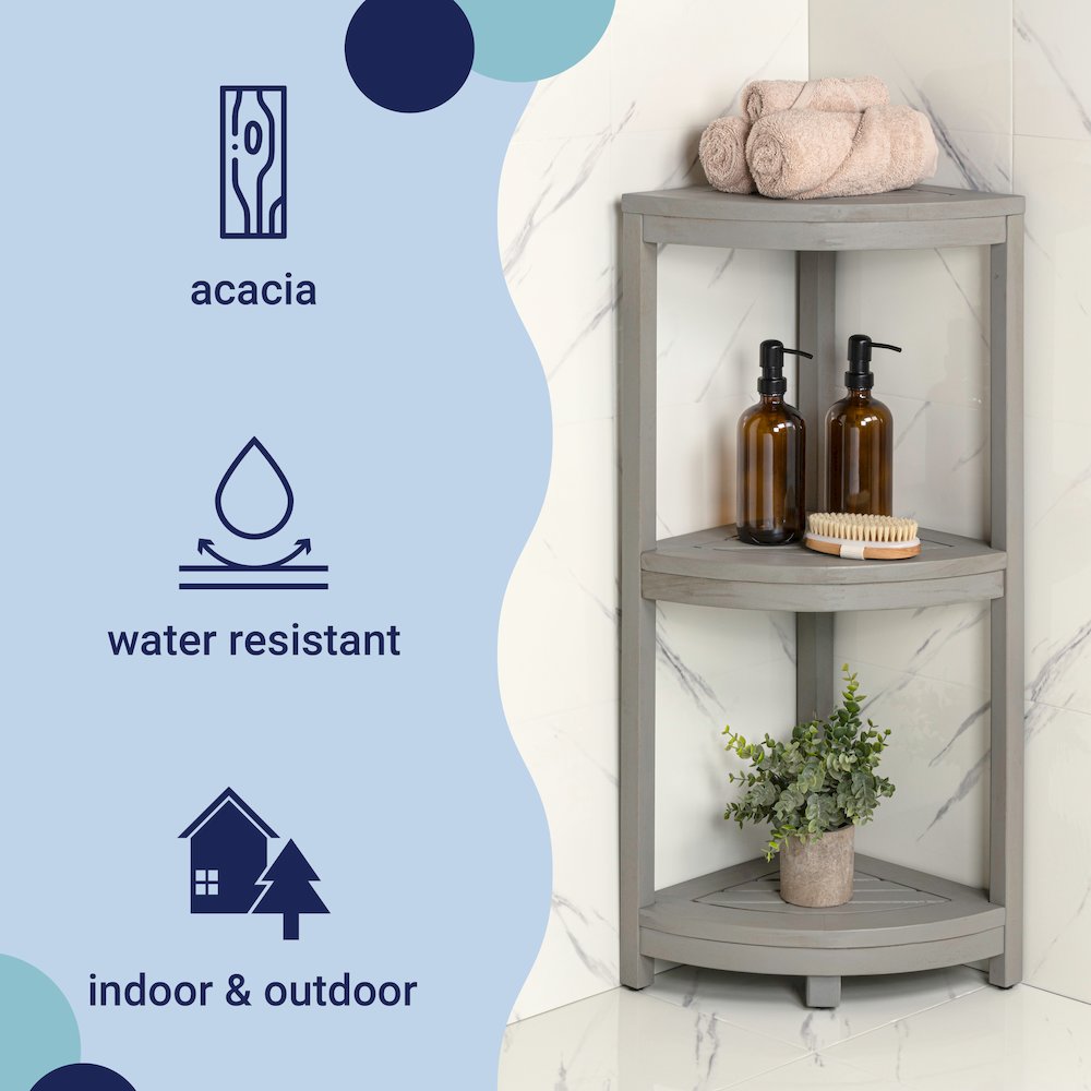 Sela 33" Classic Minimalist 3-Tier Freestanding Bathroom Corner Shelf, Gray