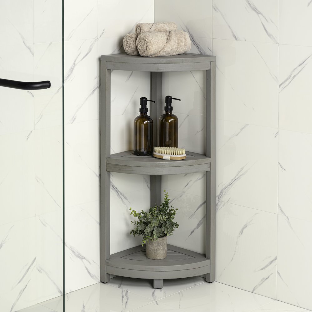 Sela 33" Classic Minimalist 3-Tier Freestanding Bathroom Corner Shelf, Gray