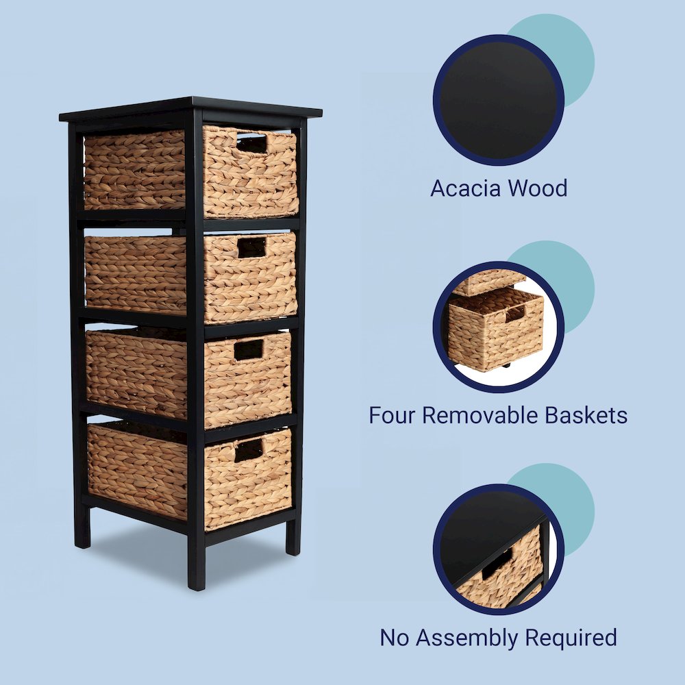 Cohen Acacia Wood 4-Tier Storage Cabinet, Black