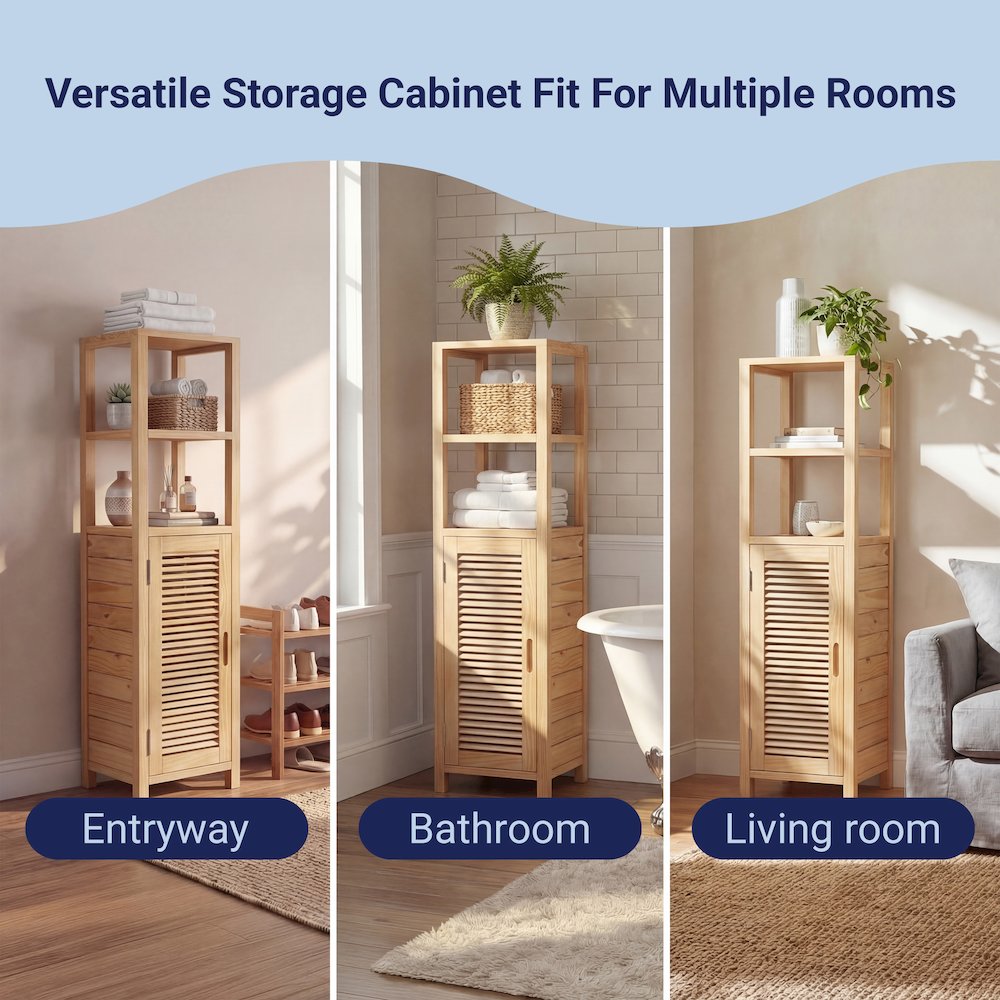 Solstice Pine Wood Bathroom Floor Storage Cabinet, Natural