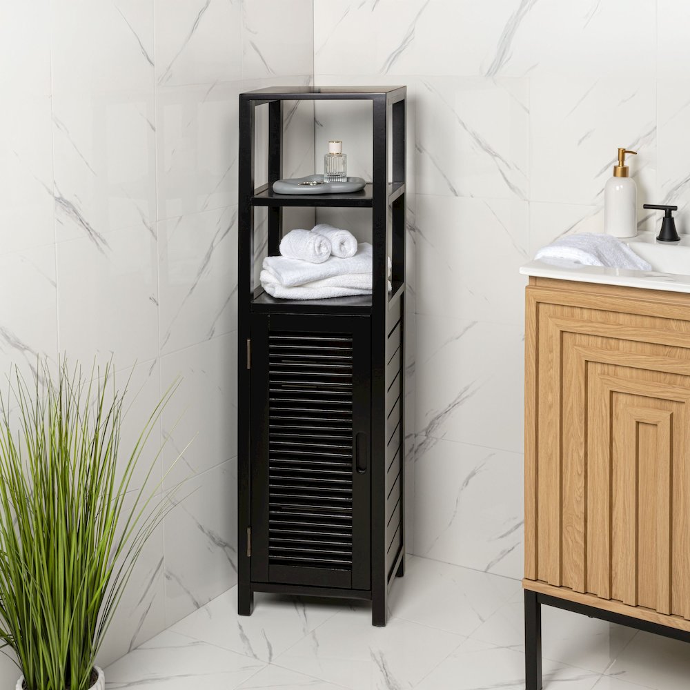 Solstice Pine Wood Bathroom Floor Storage Cabinet, Black