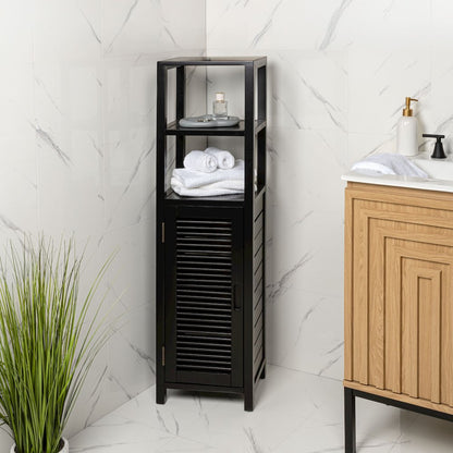 Solstice Pine Wood Bathroom Floor Storage Cabinet, Black