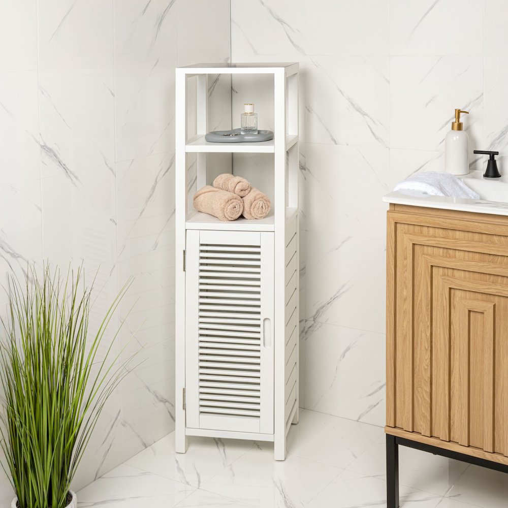 Solstice Pine Wood Bathroom Floor Storage Cabinet, White