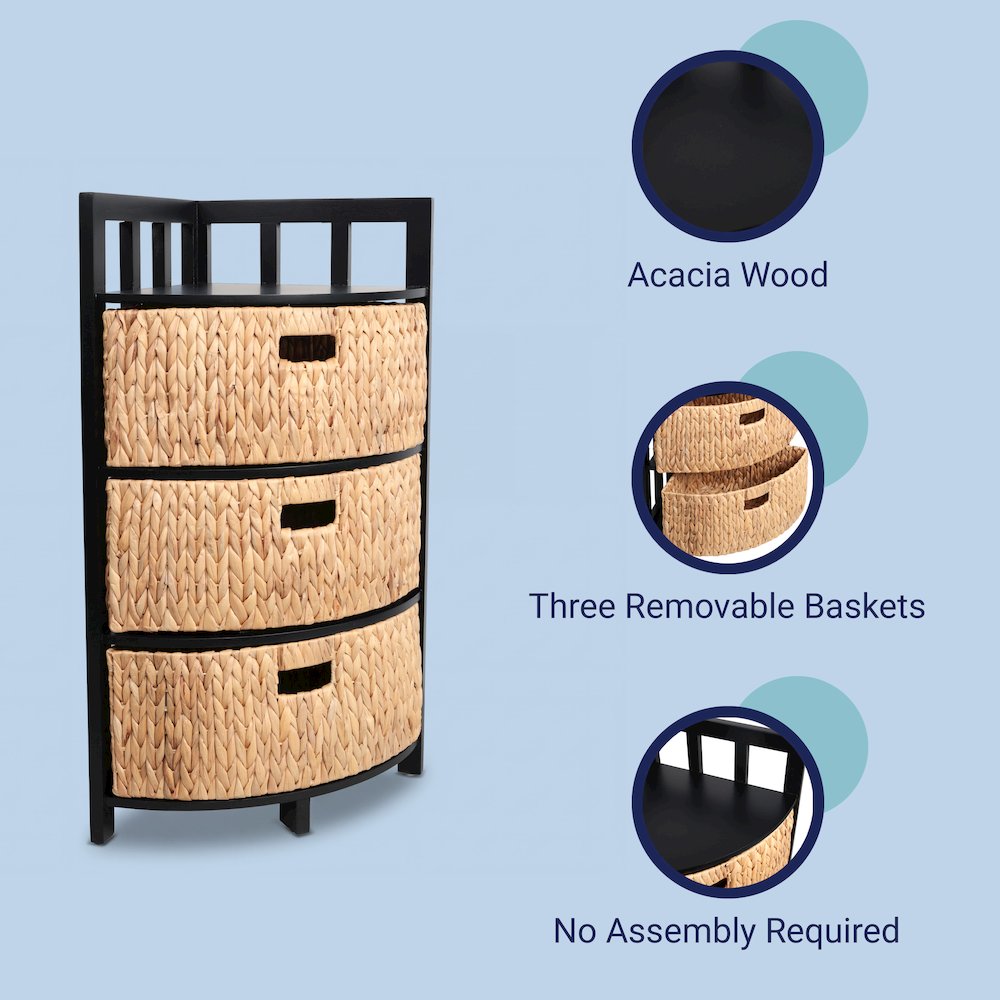 Quart Acacia Wood 3-Tier Corner Storage Cabinet, Black