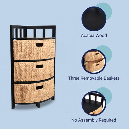 Quart Acacia Wood 3-Tier Corner Storage Cabinet, Black