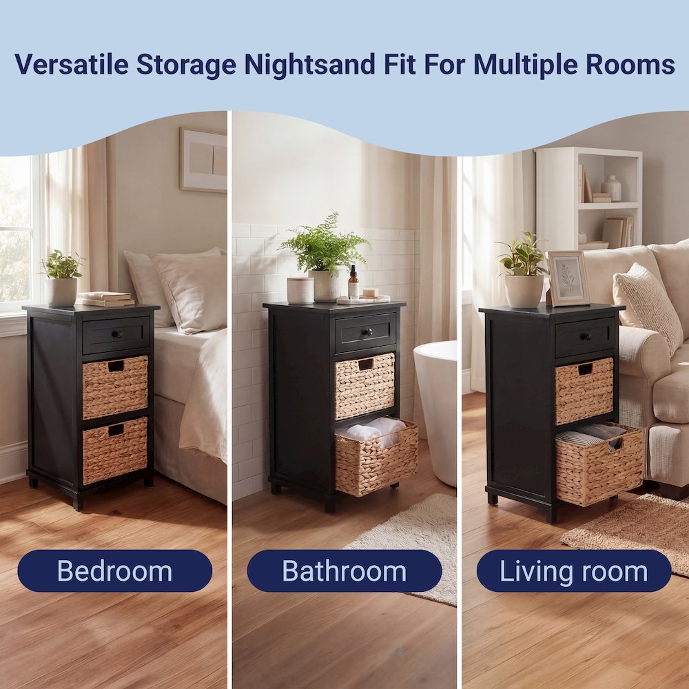 Malibu Acacia Wood Storage Nightstand, Black