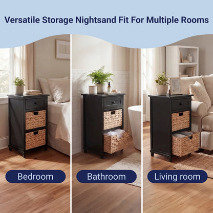 Malibu Acacia Wood Storage Nightstand, Black