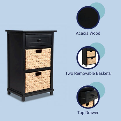 Malibu Acacia Wood Storage Nightstand, Black