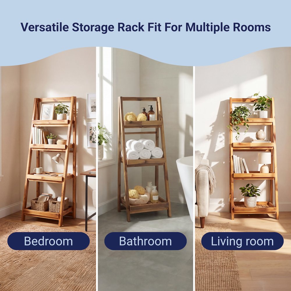 Everett Acacia Wood 4-Tier Folding Display Ladder Storage Rack and, Natural