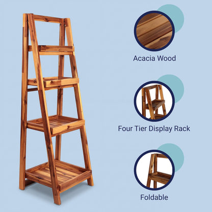 Everett Acacia Wood 4-Tier Folding Display Ladder Storage Rack and, Natural