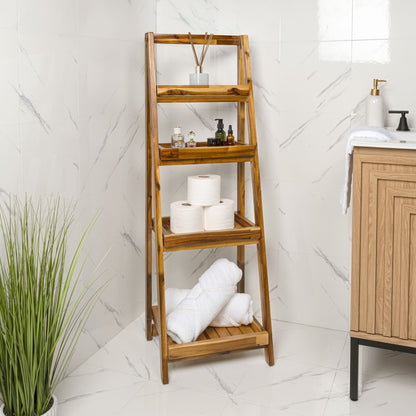 Everett Acacia Wood 4-Tier Folding Display Ladder Storage Rack and, Natural