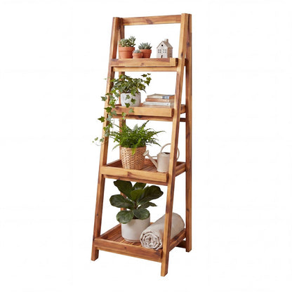 Everett Acacia Wood 4-Tier Folding Display Ladder Storage Rack and, Natural