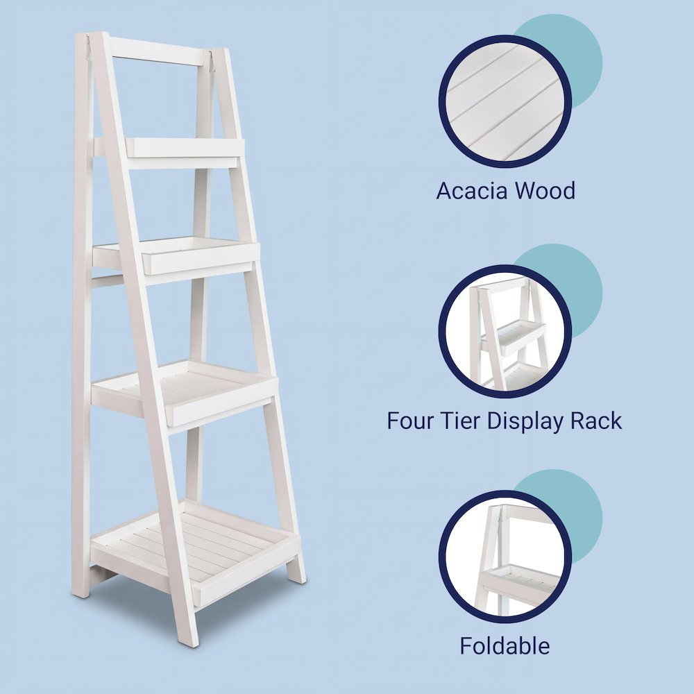 Everett Acacia Wood 4-Tier Folding Display Ladder Storage Rack and, White