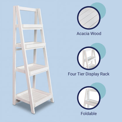 Everett Acacia Wood 4-Tier Folding Display Ladder Storage Rack and, White