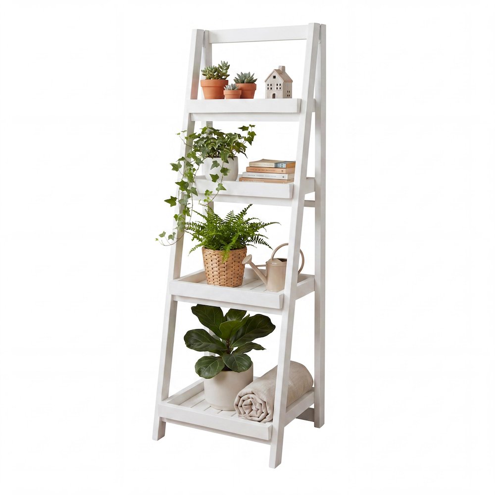 Everett Acacia Wood 4-Tier Folding Display Ladder Storage Rack and, White