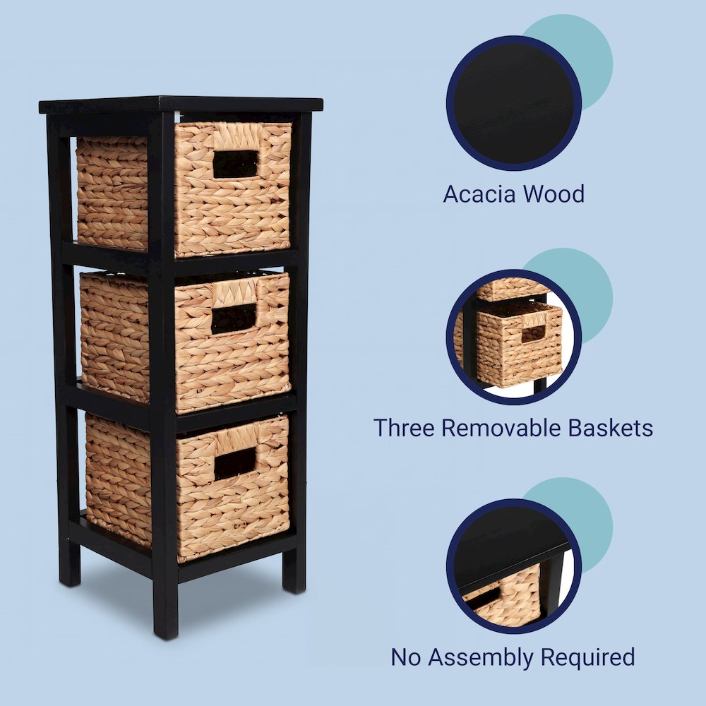 Cohen Pine Wood 3-Tier Storage Cabinet, Black